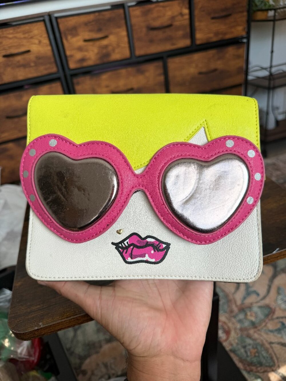 Betsey Johnson Heart Sunglasses Lips Neon Pink Yellow Colorblock Clutch
